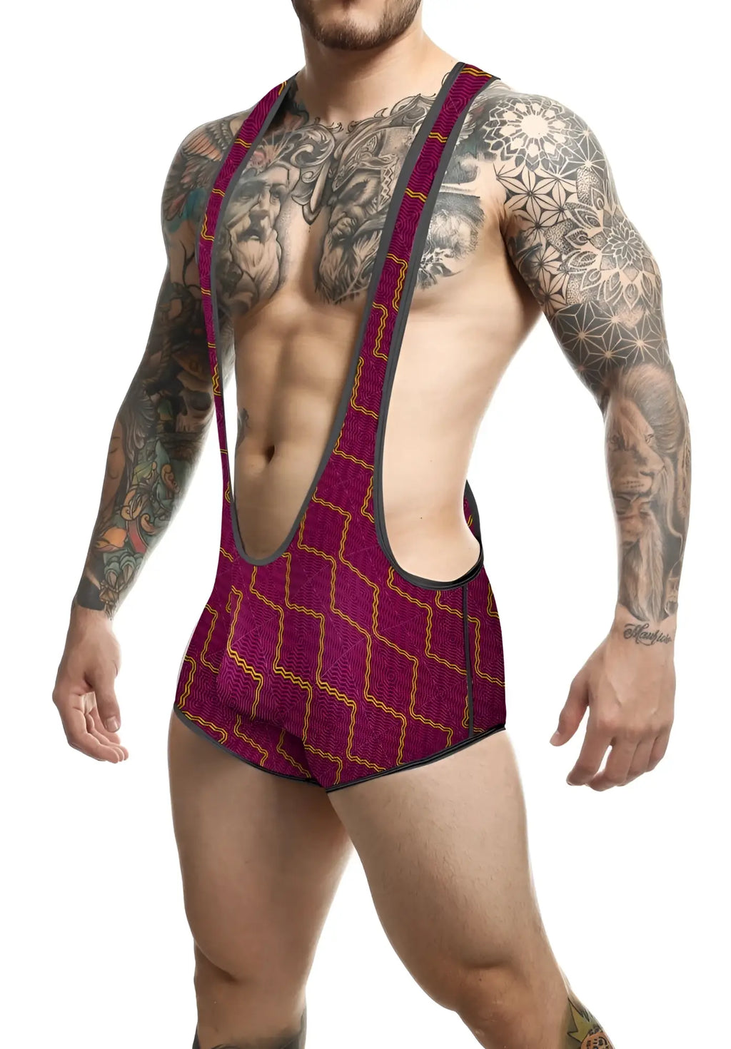 Maroon and gold wrestling singlet with geometric lattice design featuring mob singlet branding