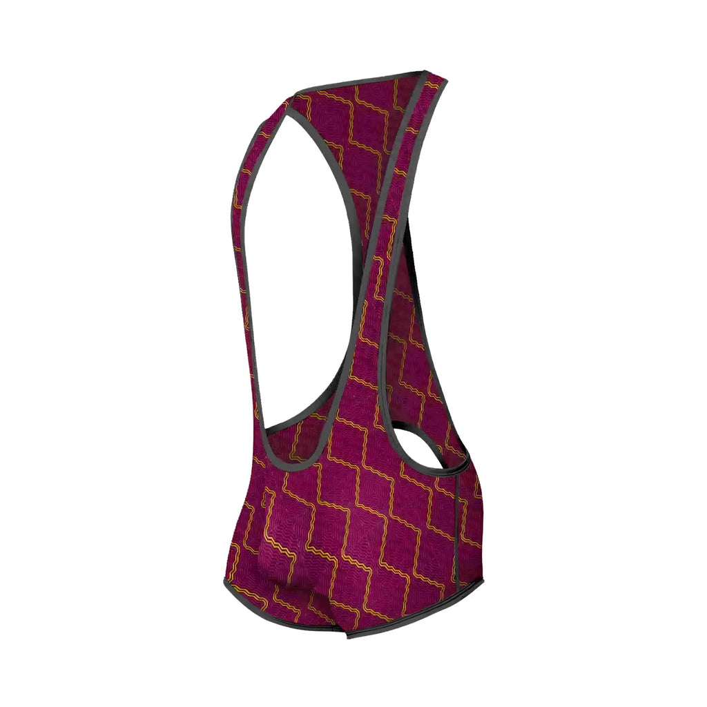 A maroon mob singlet cycling jersey with a gold geometric pattern and black trim designed for road cycling