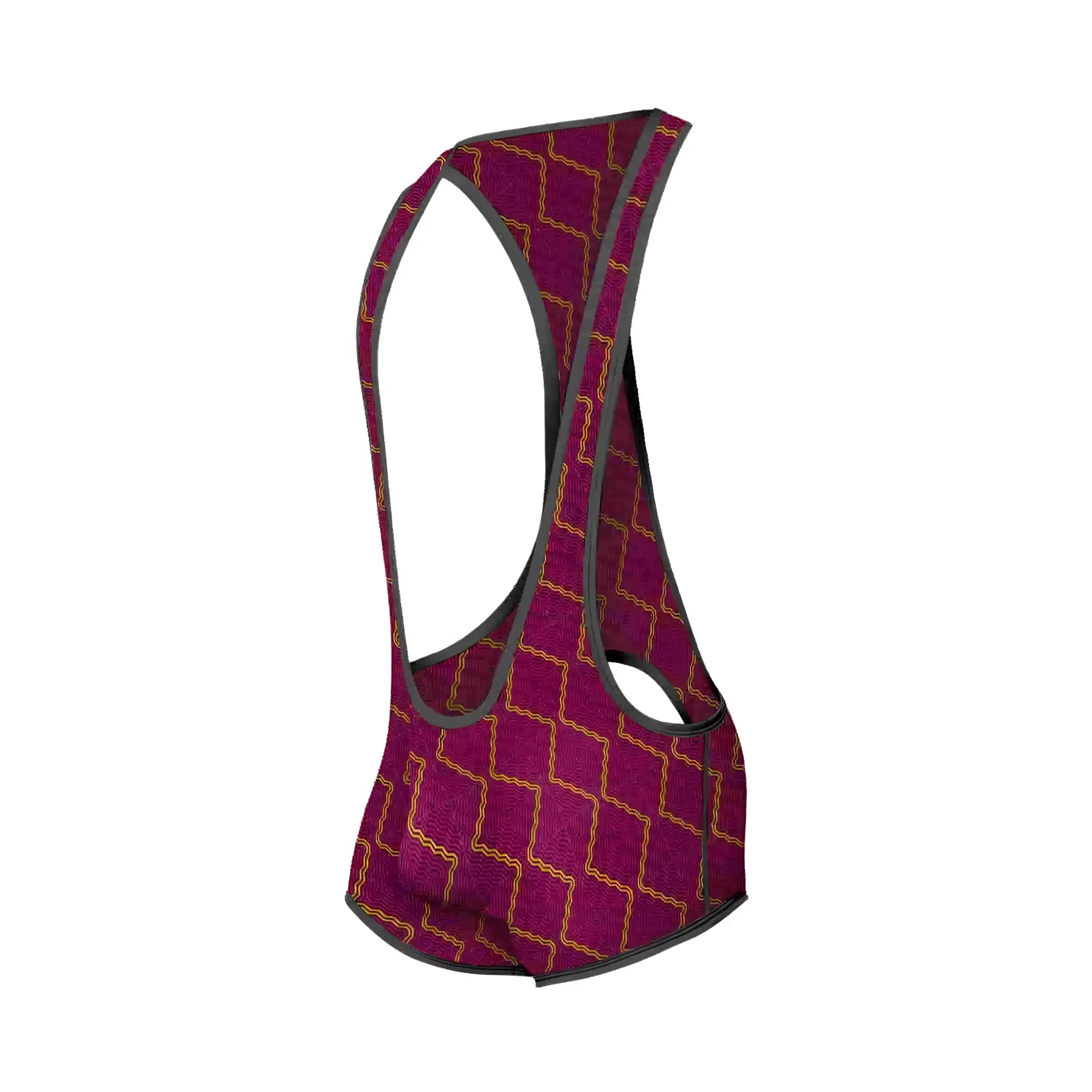 A maroon mob singlet cycling jersey with a gold geometric pattern and black trim designed for road cycling