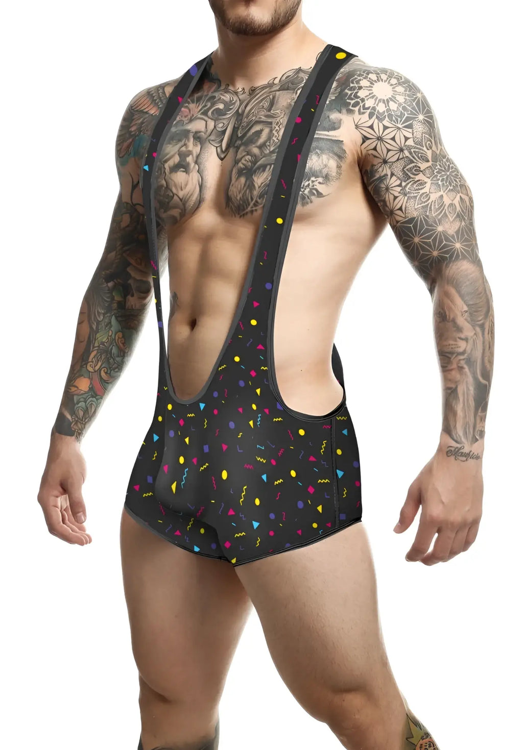 Black mens suspenders with vibrant multicolored confetti pattern featured in mob singlet product image