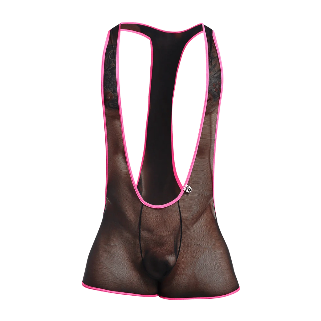 Black mesh cycling bib shorts with vibrant pink trim and lace detailing along the sides for comfortable rides