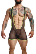 Black mesh MOB singlet with neon yellow trim and adjustable shoulder straps for wrestling use