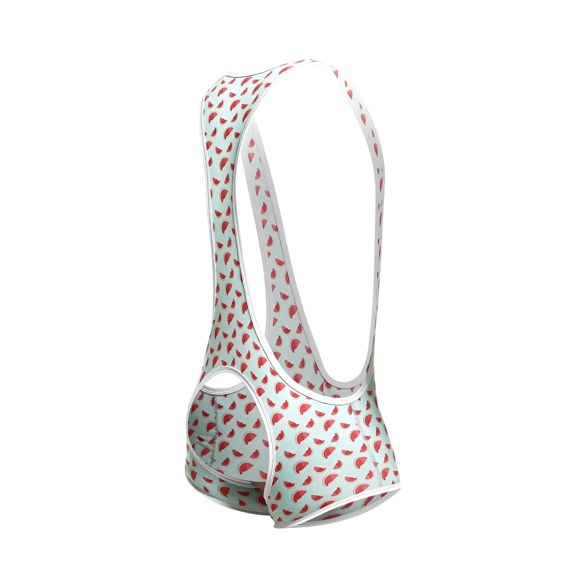 A mint green cycling bib short with red watermelon slice pattern and white trim from mob singlet collection