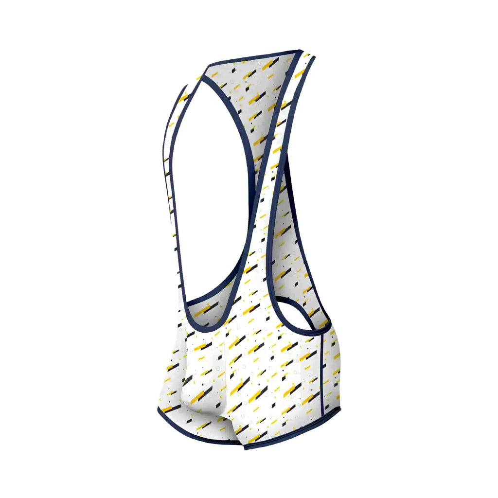 White mob singlet cycling jersey with yellow and black diagonal stripes and navy blue trim