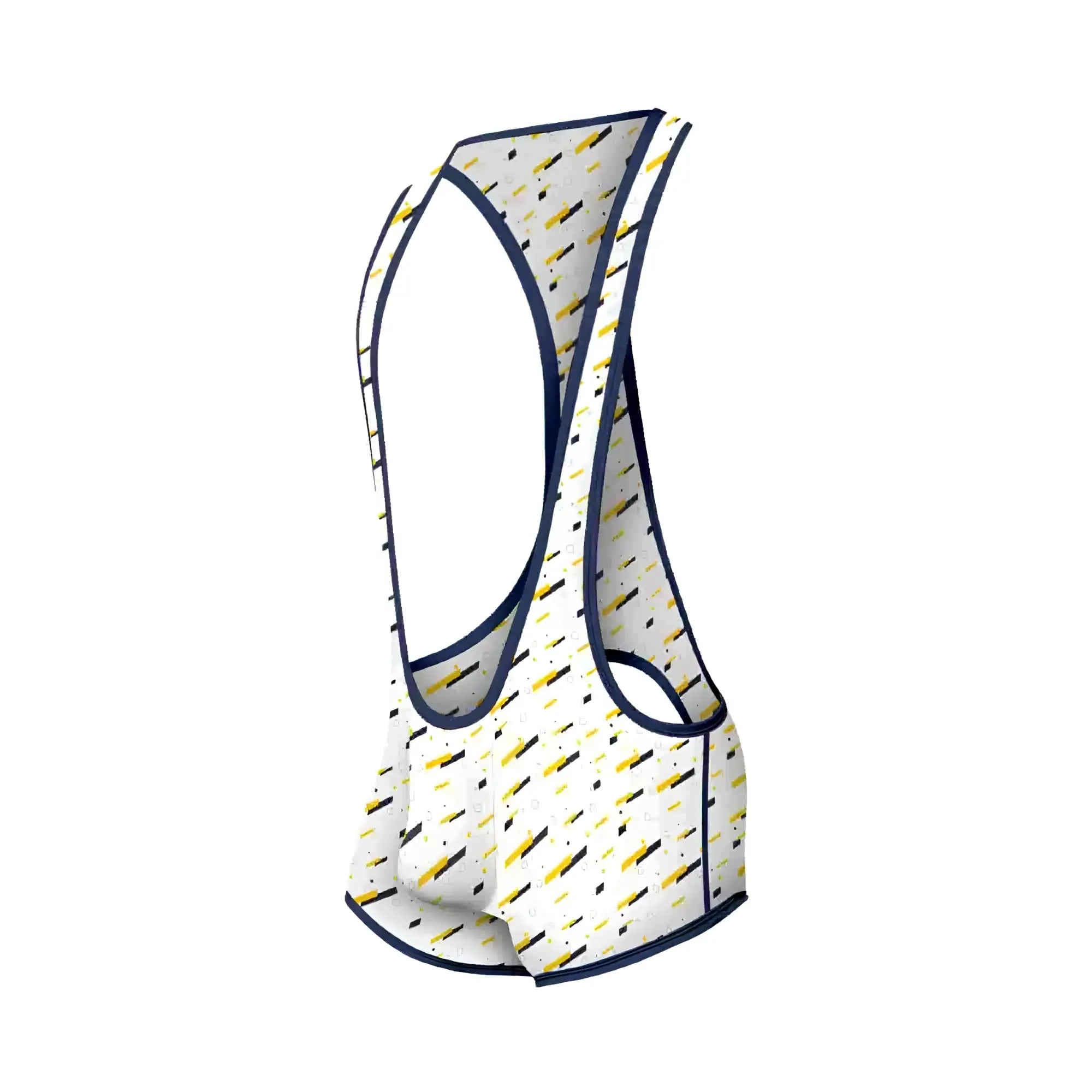 White mob singlet cycling jersey with yellow and black diagonal stripes and navy blue trim