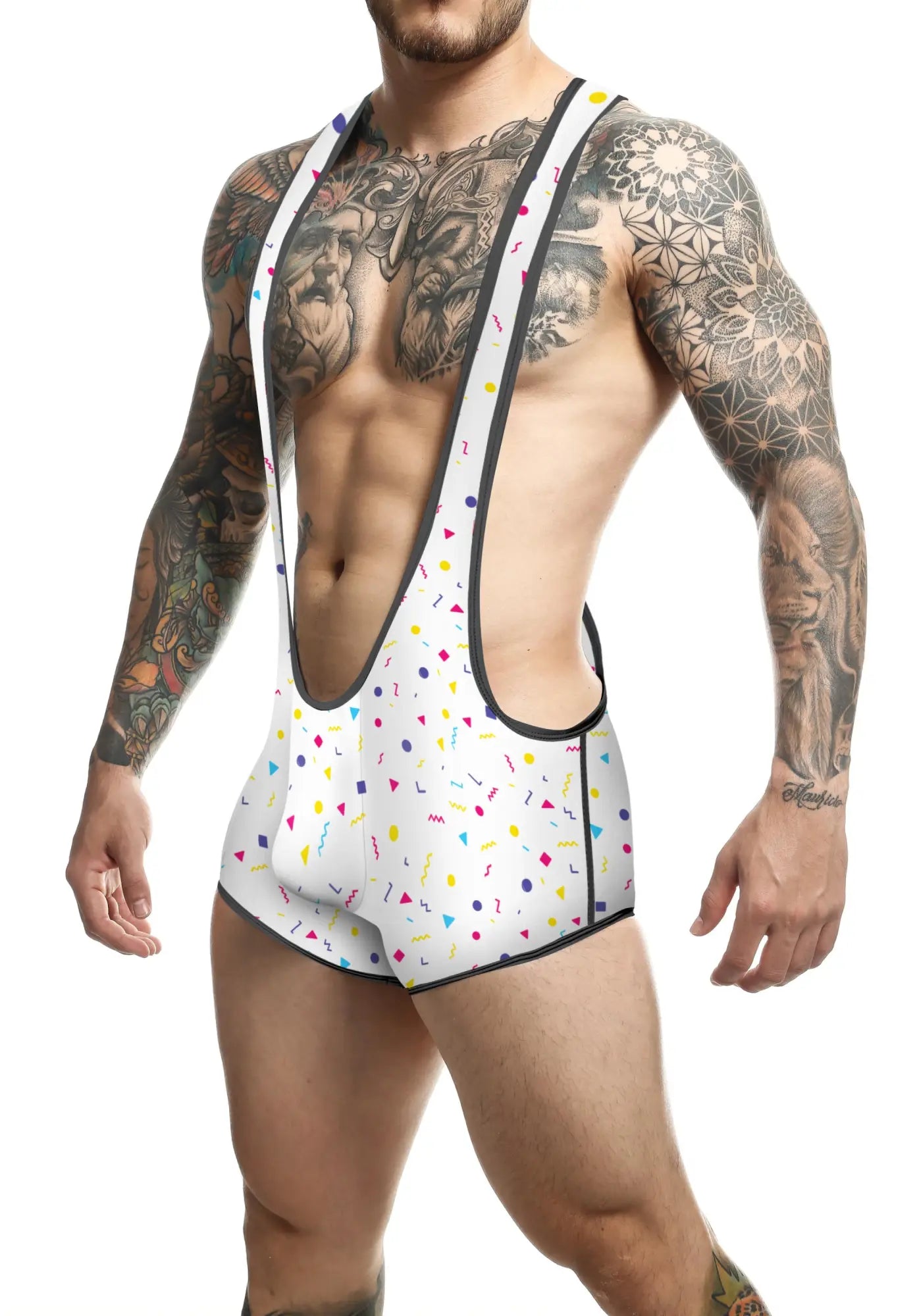 White men’s wrestling singlet mob singlet with colorful confetti pattern and black trim for athletic use