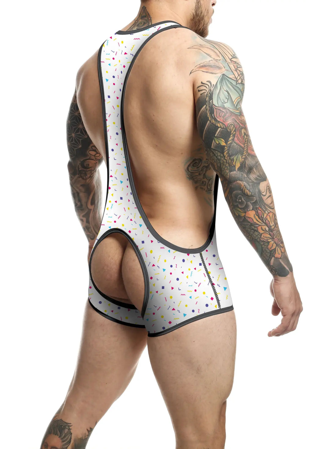 White men’s wrestling singlet mob singlet with colorful confetti print and black trim front view