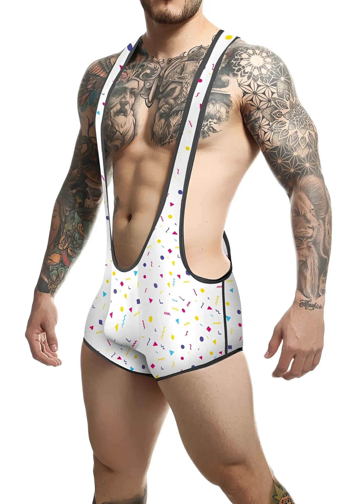 White men’s wrestling singlet mob singlet with colorful confetti pattern and black trim for athletic use
