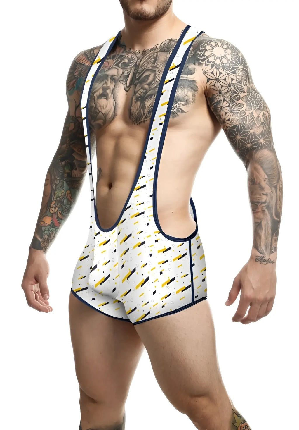 MOB singlet white and yellow patterned athletic singlet with navy blue trim designed for sports and training