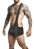 Black men’s suspenders mob singlet with vibrant multicolored confetti pattern in various shapes
