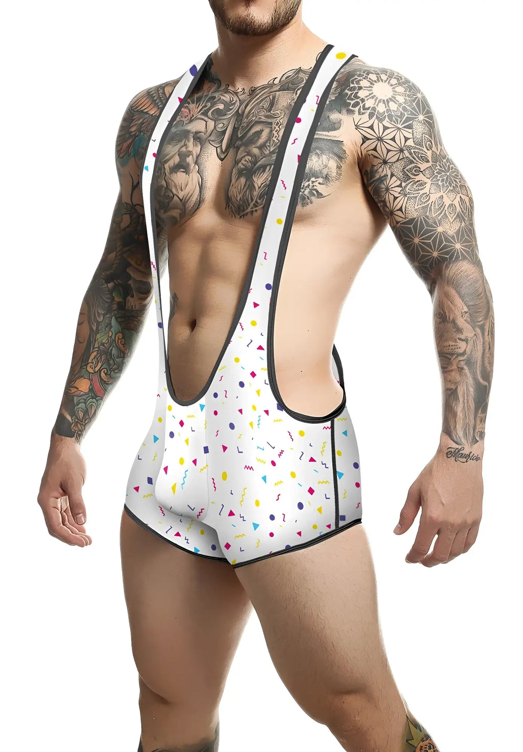 White men’s wrestling singlet mob singlet with colorful confetti pattern and black trim designed for athletic use