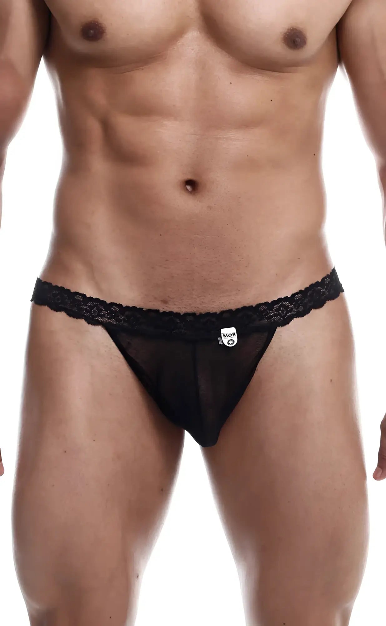 Black lace-trimmed sheer thong with a small white logo tag from mob sultry robe and thong set