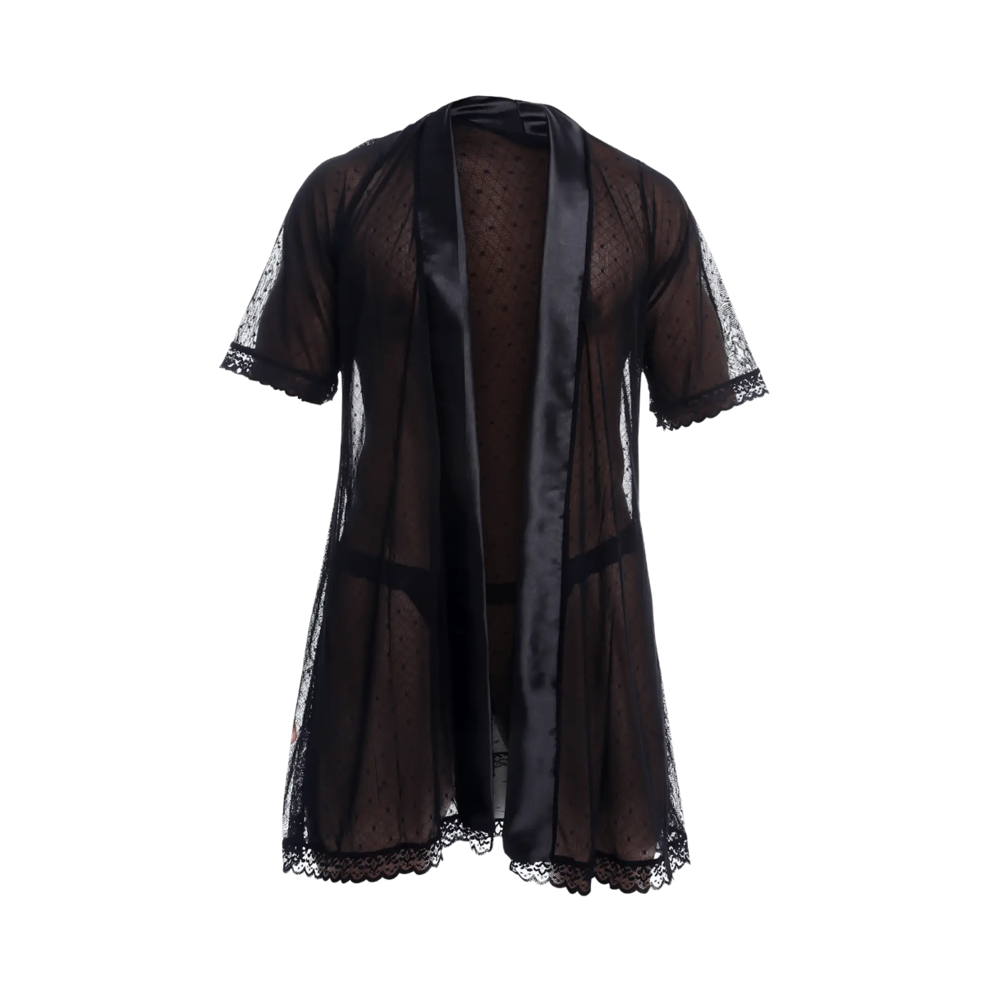 Black sheer lace robe with satin trim and delicate dot pattern from mob sultry robe and thong set