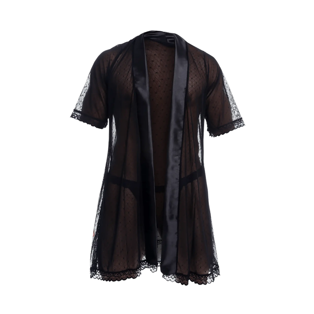 Black sheer lace robe with satin trim and delicate dot pattern from mob sultry robe and thong set