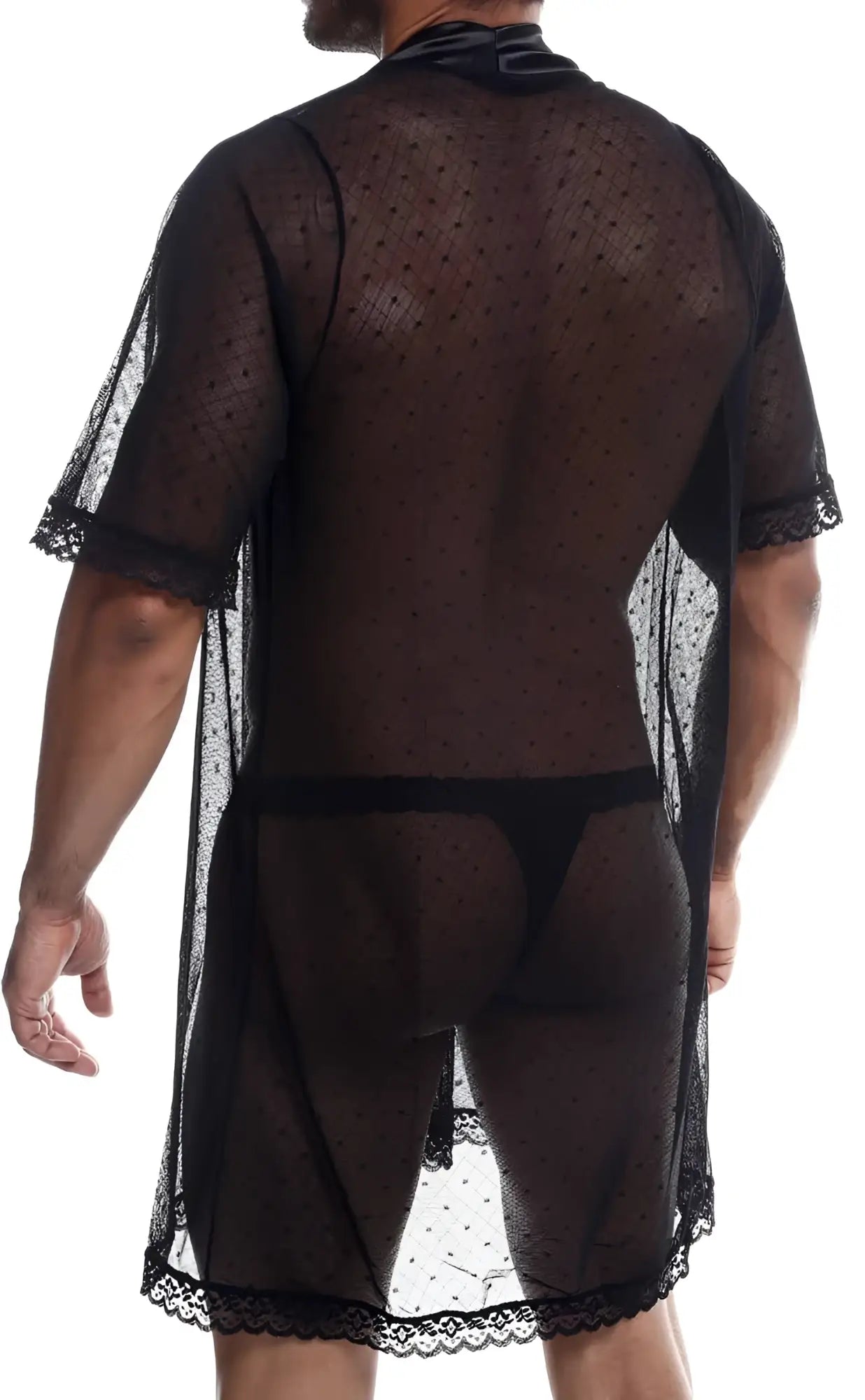 Black sheer polka dot mesh robe with lace trim from mob sultry robe and thong set for elegant lingerie wear