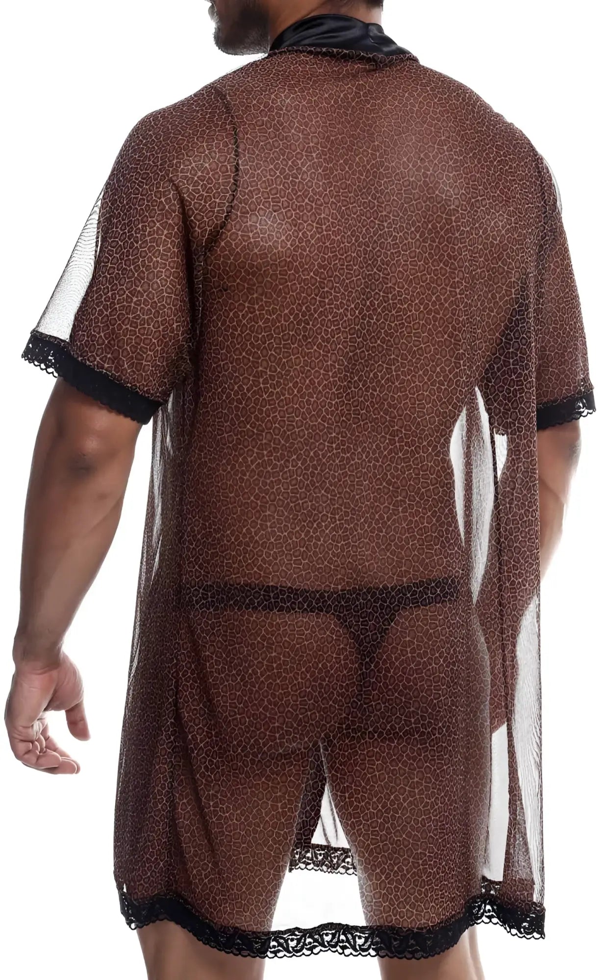 Brown leopard print sheer robe with black lace trim on sleeves hem and collar in mob sultry robe and thong set