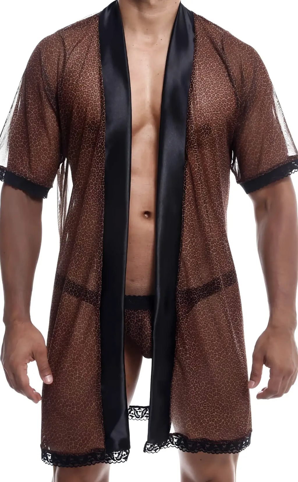 Brown leopard-print sheer robe with black satin trim and lace detailing from mob sultry robe and thong set