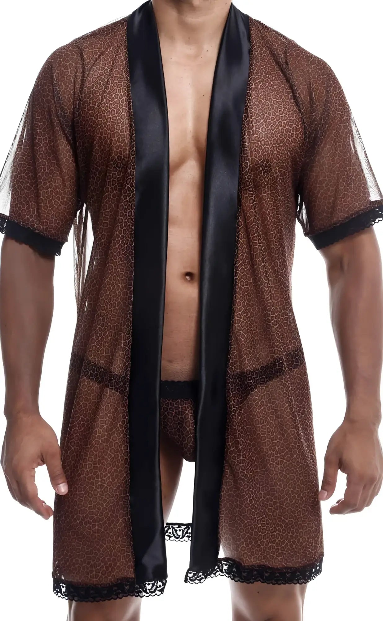 Brown leopard-print sheer robe with black satin trim and lace detailing from mob sultry robe and thong set