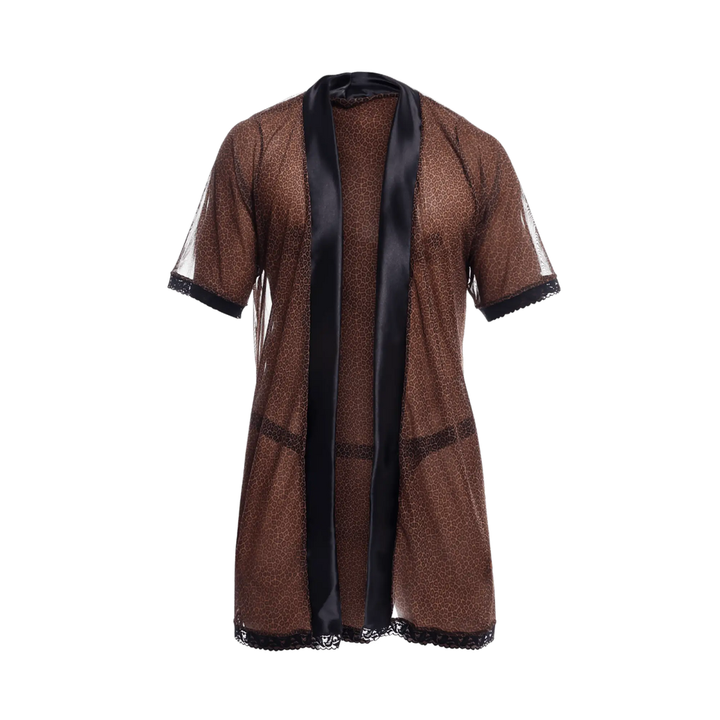 Brown leopard-print sheer robe with black satin trim and lace detailing from the MOB sultry robe and thong set
