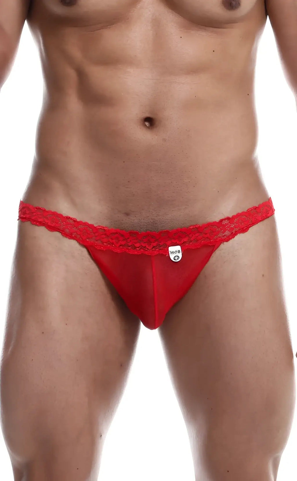 Red lace-trimmed thong with a small white brand tag from mob sultry robe and thong set for intimate wear