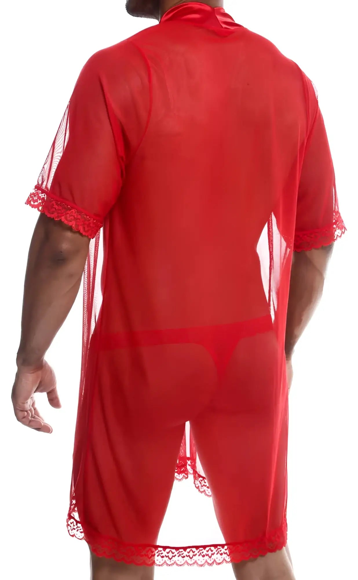 Red sheer lace trimmed robe from mob sultry robe and thong set made of delicate lace fabric for intimate wear
