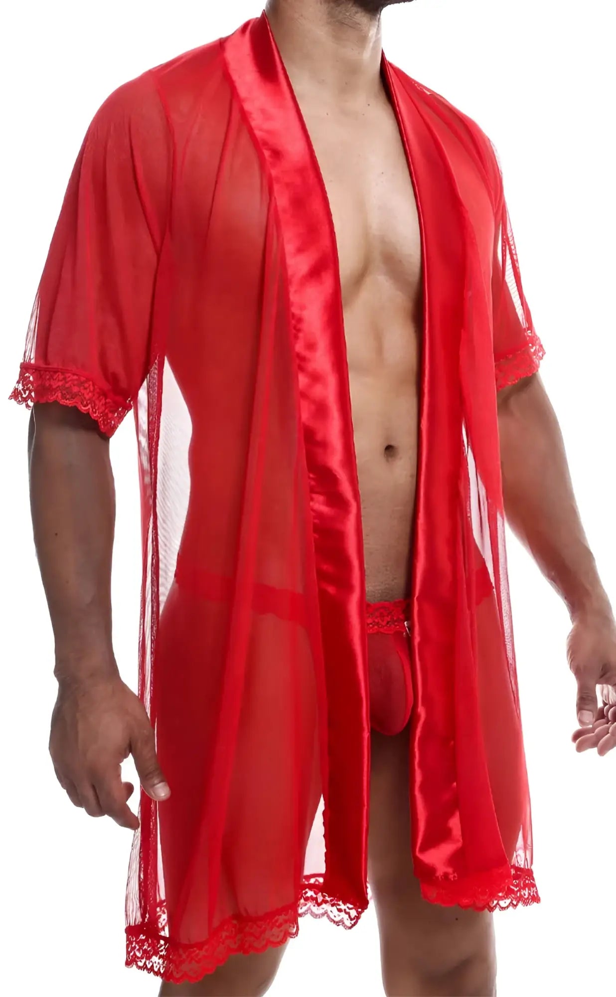 Red sheer mesh robe with satin trim and lace detailing from the mob sultry robe and thong set