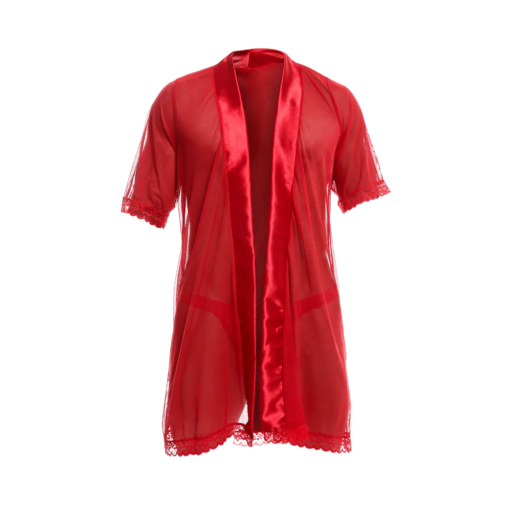 MOB sultry robe and thong set featuring a sheer red satin robe with lace trim on sleeves and hem