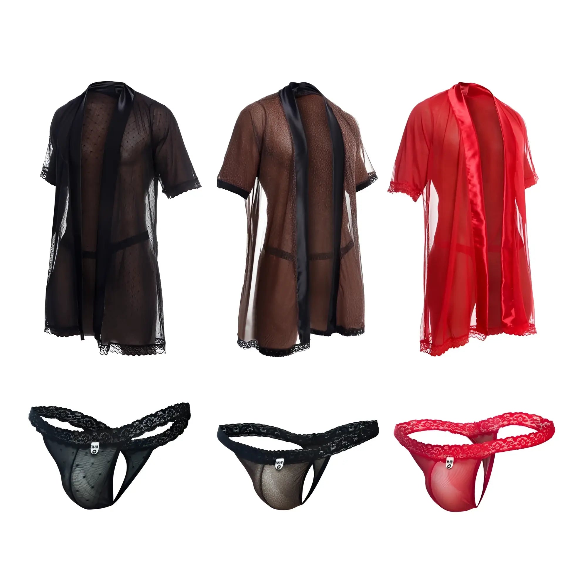Three sheer short-sleeved robe style garments in black brown and red with lace trim and satin ribbon ties