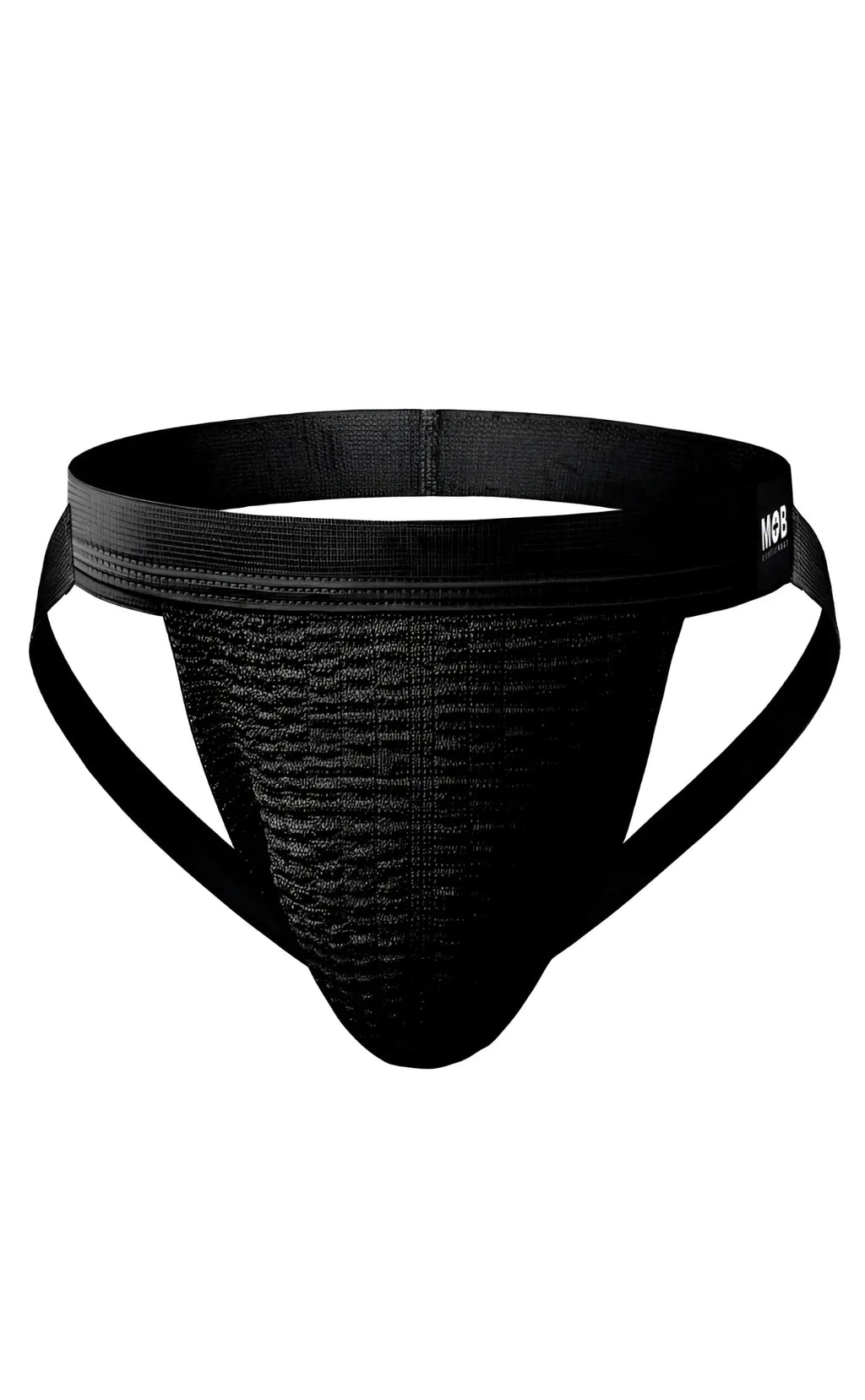 Black mob swim jockstrap with textured breathable mesh fabric and reinforced elastic waistband shown from the back