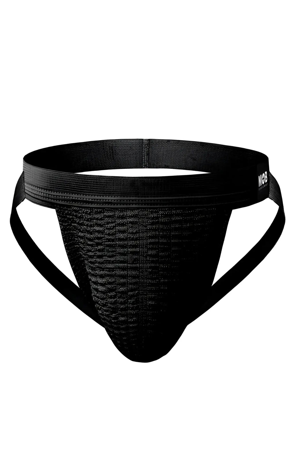 Black mesh athletic brief with elastic waistband and side straps for swimwear by mob swim jockstrap