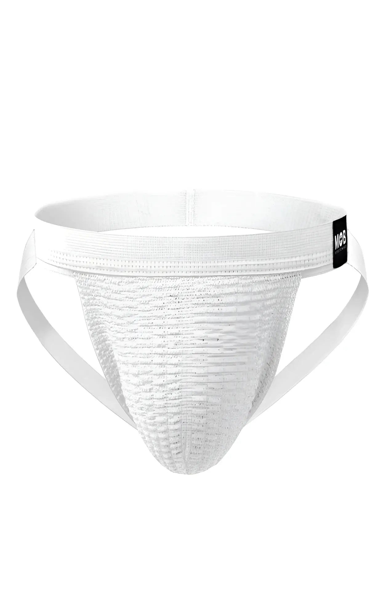 White mob swim jockstrap briefs with textured breathable fabric and elastic waistband featuring black mgs tag