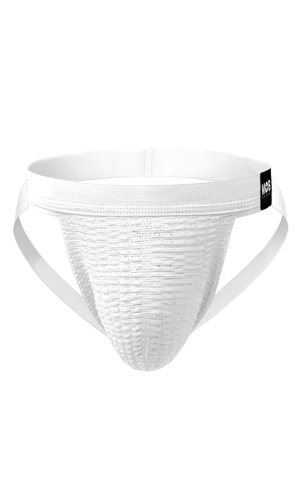 White mob swim jockstrap with textured breathable fabric and elastic waistband featuring black mgs brand tag