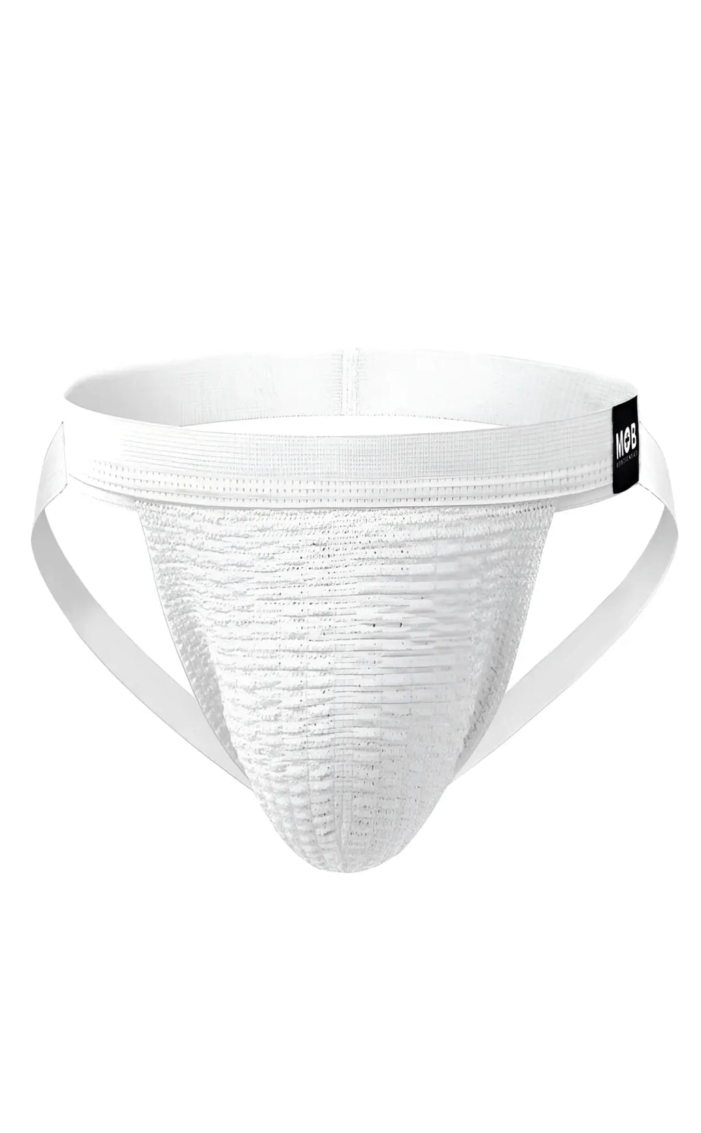 White textured athletic brief mob swim jockstrap with supportive waistband and side straps for active wear