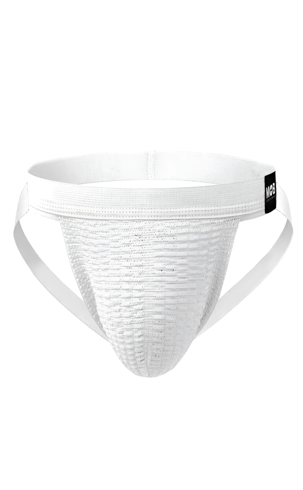 White textured athletic brief mob swim jockstrap with supportive waistband and side straps for active wear