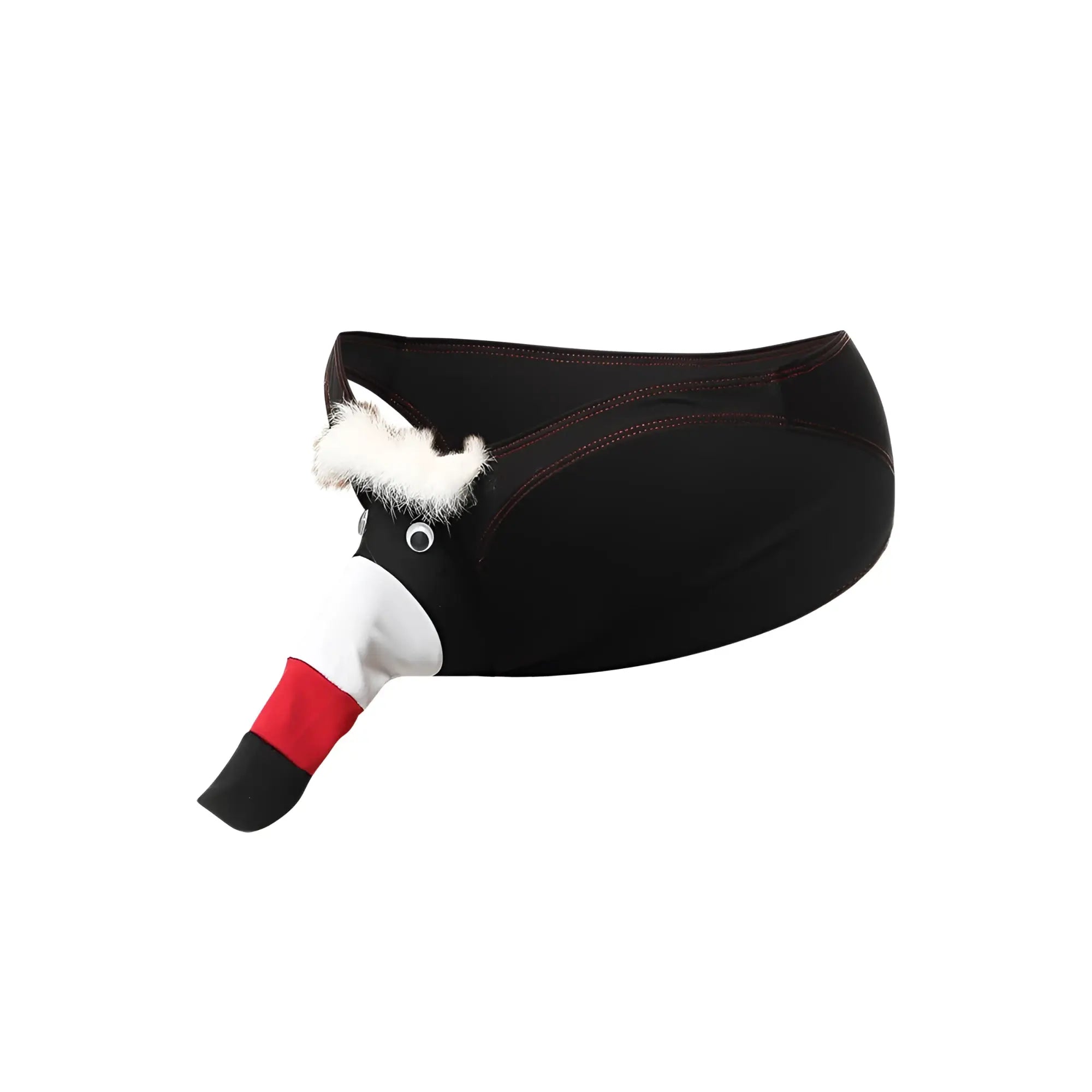 Black duck-shaped fanny pack with white fluffy beard and red black beak detailed stitching for toucan bikini men