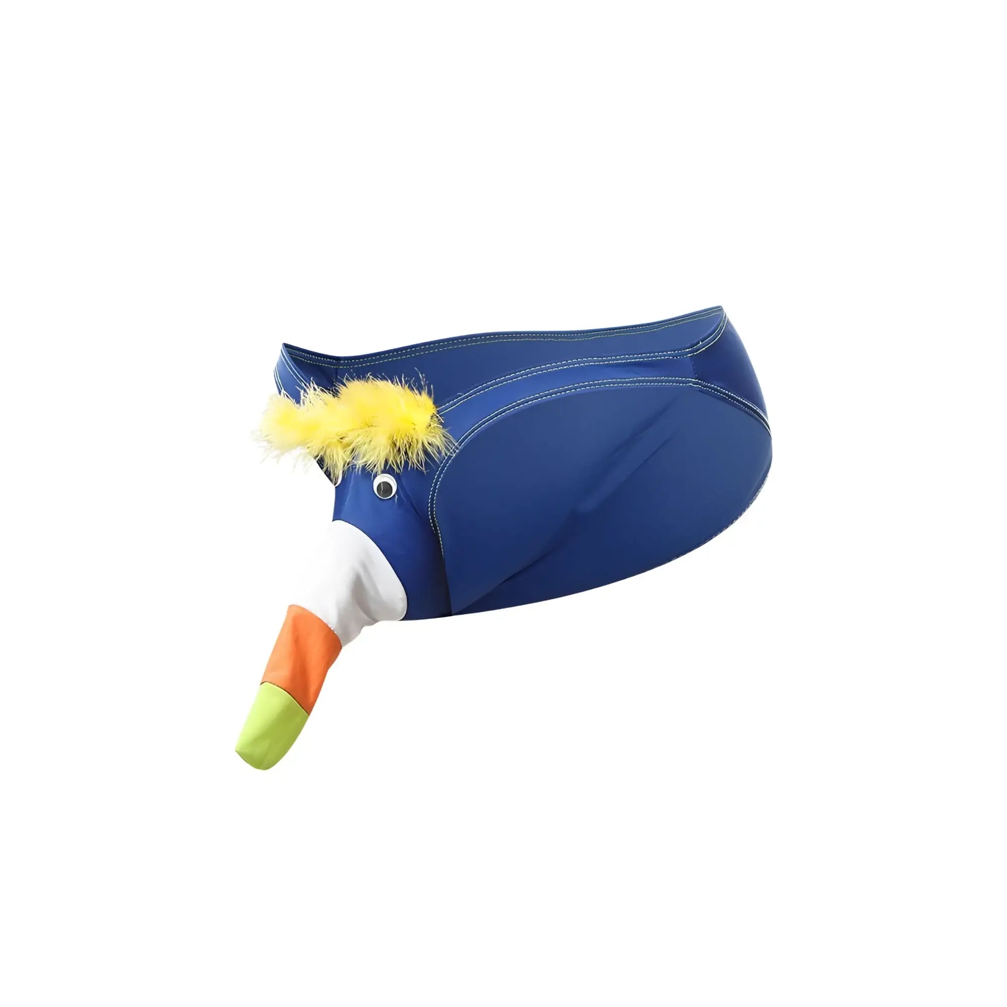 Toucan bikini for men featuring a blue duck-shaped belt with yellow feathered crest and white orange green beak