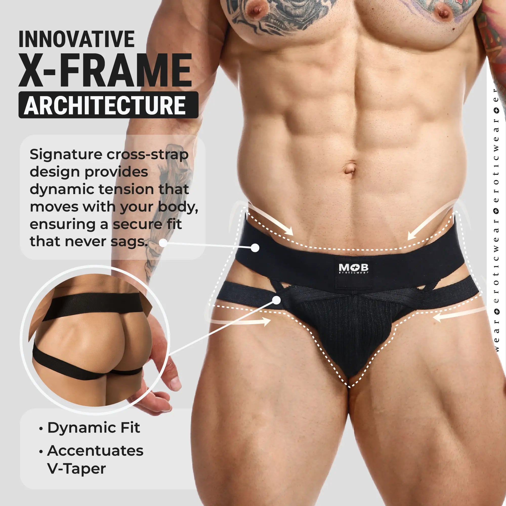 Men’s x jockstrap black athletic briefs with branded logo and x-frame cross-strap design visible from the back