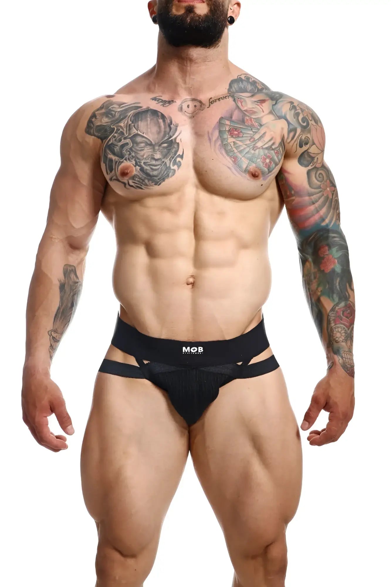 Black mesh men’s x jockstrap briefs with central waistband featuring m2b logo and breathable fabric design