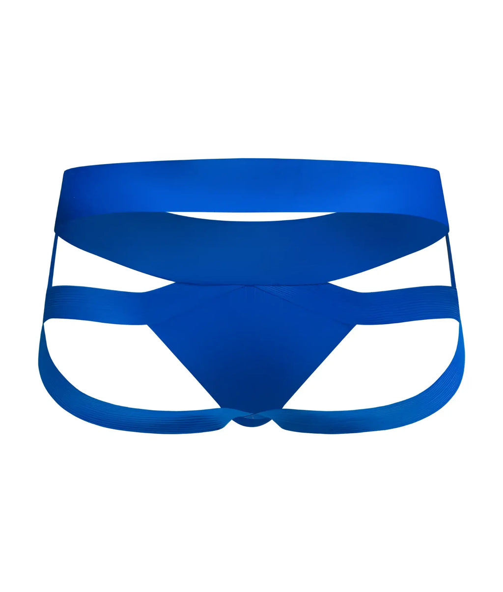 Men’s x jockstrap blue athletic briefs with supportive strappy design showing the back side of the product