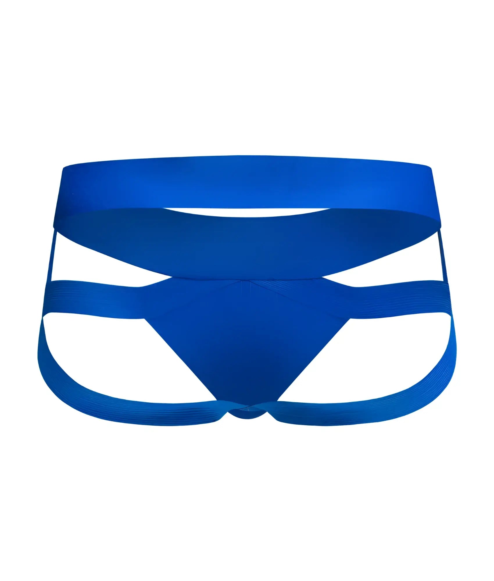 Men’s x jockstrap blue athletic briefs with supportive strappy design showing the back side of the product