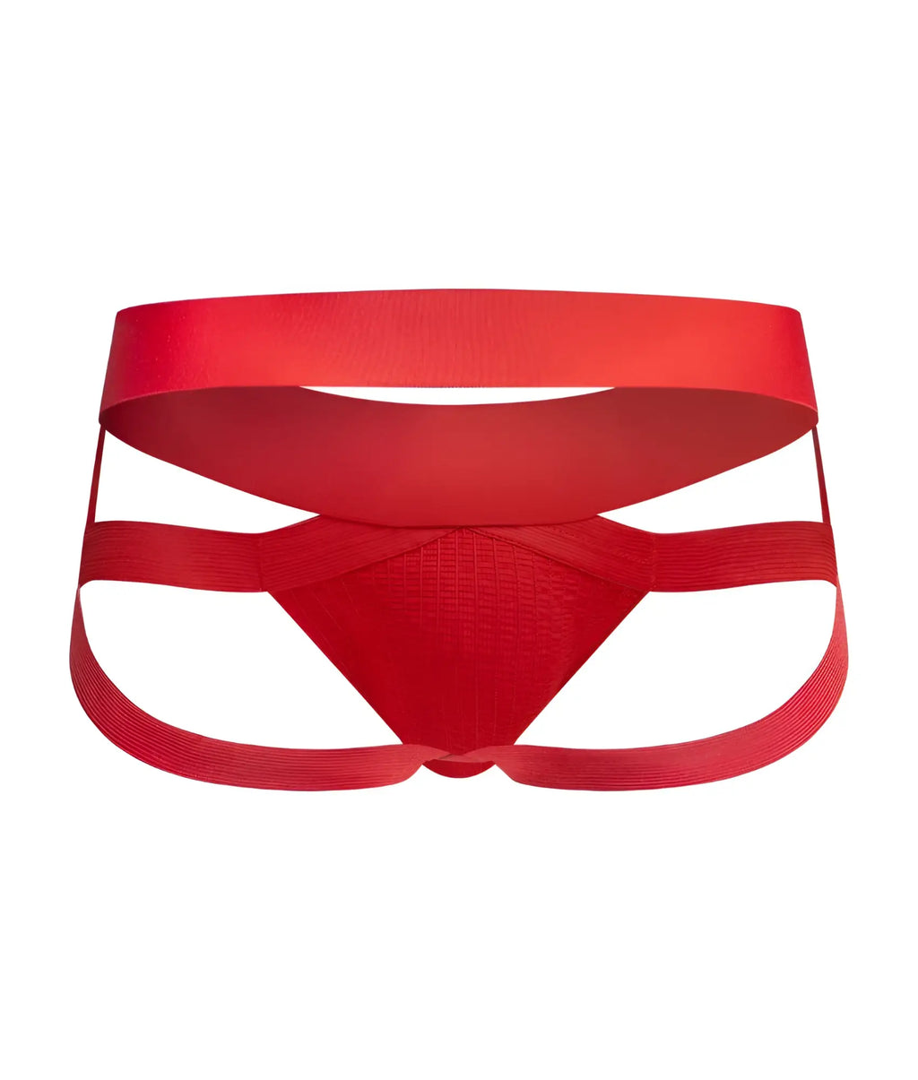 Men’s x jockstrap in red athletic briefs with textured front panel and wide supportive straps for active wear