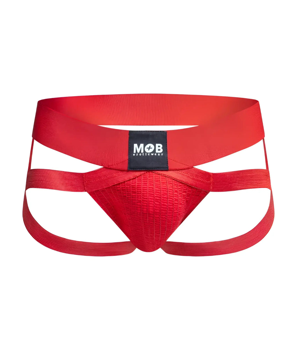 Men’s x jockstrap red fabric briefs with bold crisscross design and black mob eroticwear label on waistband