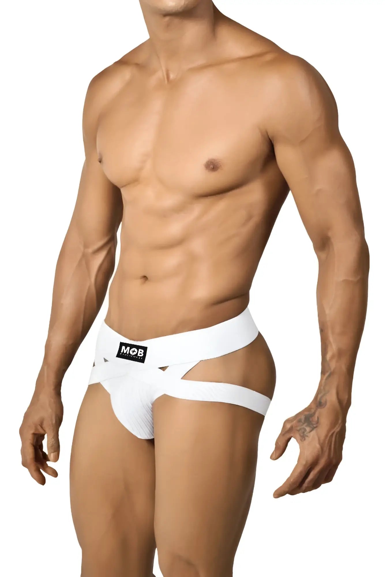 Men’s x jockstrap white mob brand briefs with bold cutouts and a sleek, modern design for a snug fit