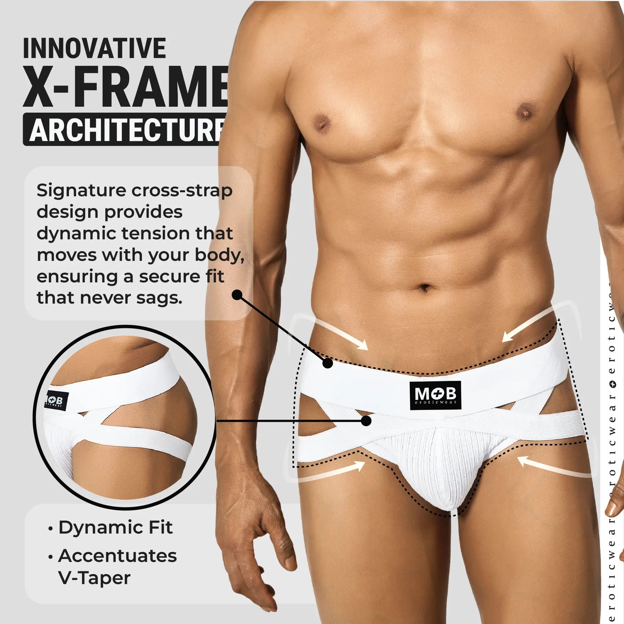 White form-fitting mens x jockstrap underwear with x-frame and cross-straps by mob in front view