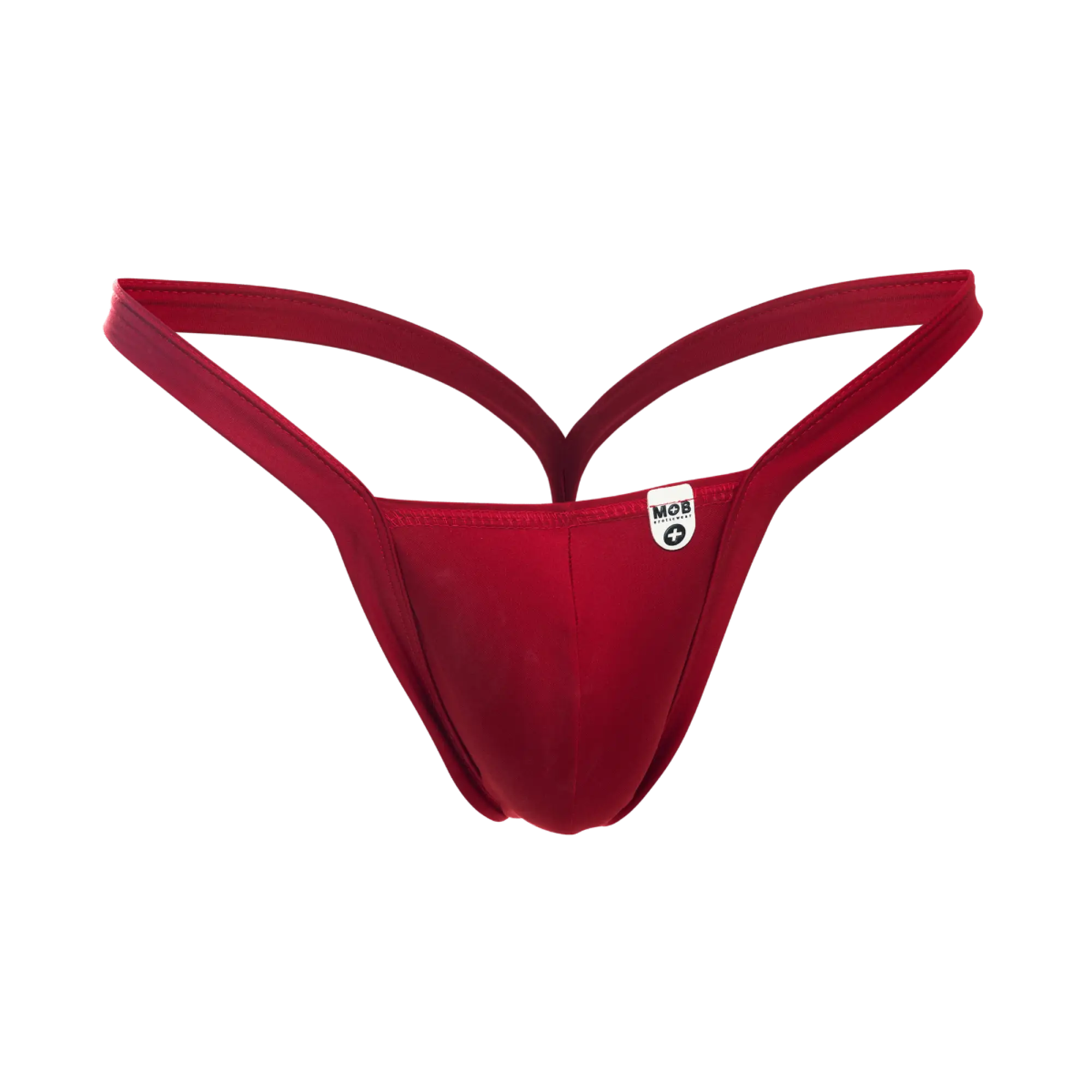Red thong mob y buns thong made of smooth stretchy fabric with thin straps showing the back side view