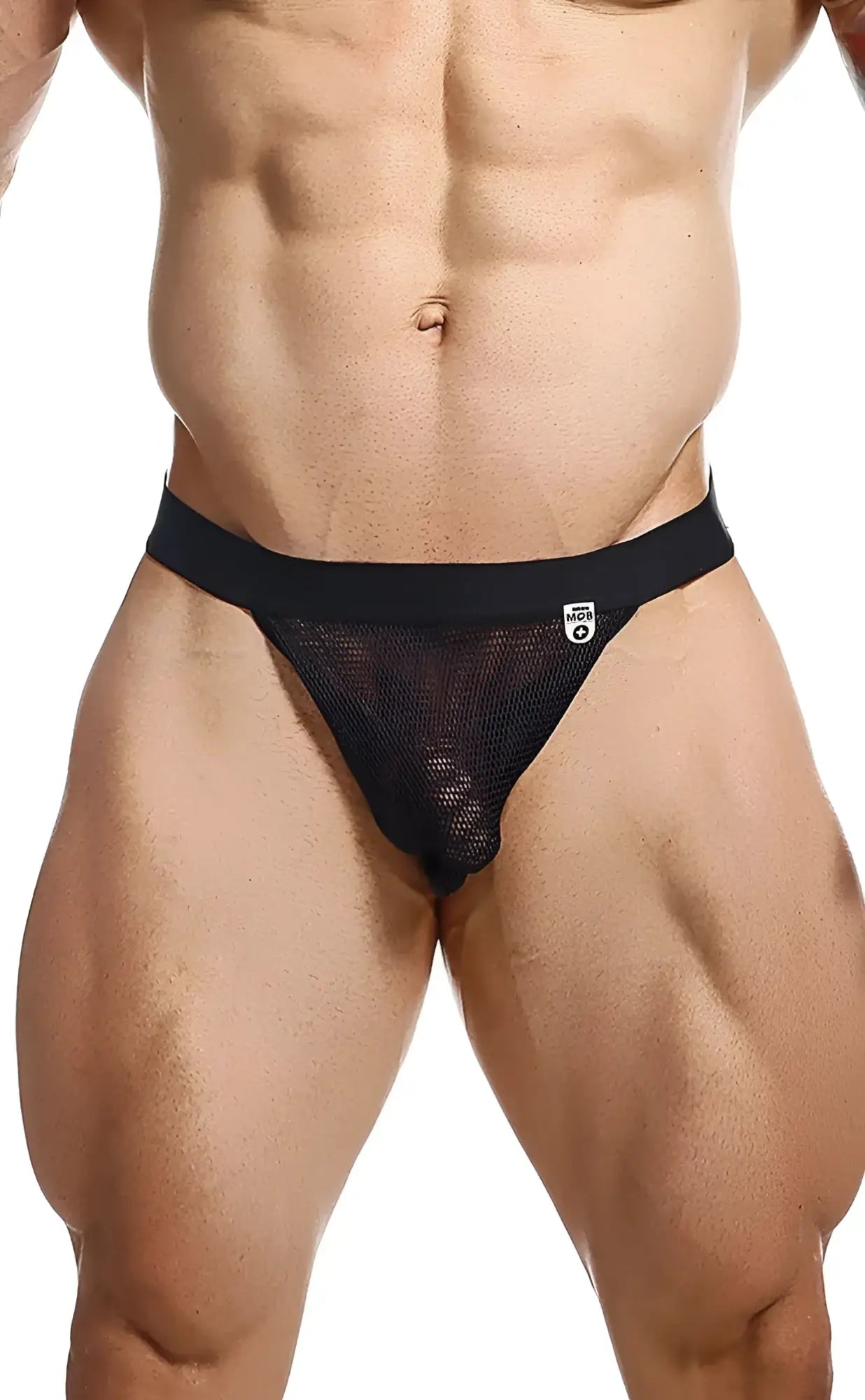 Black mesh briefs with solid black waistband designed for comfort and style in the mob fisherman jock collection