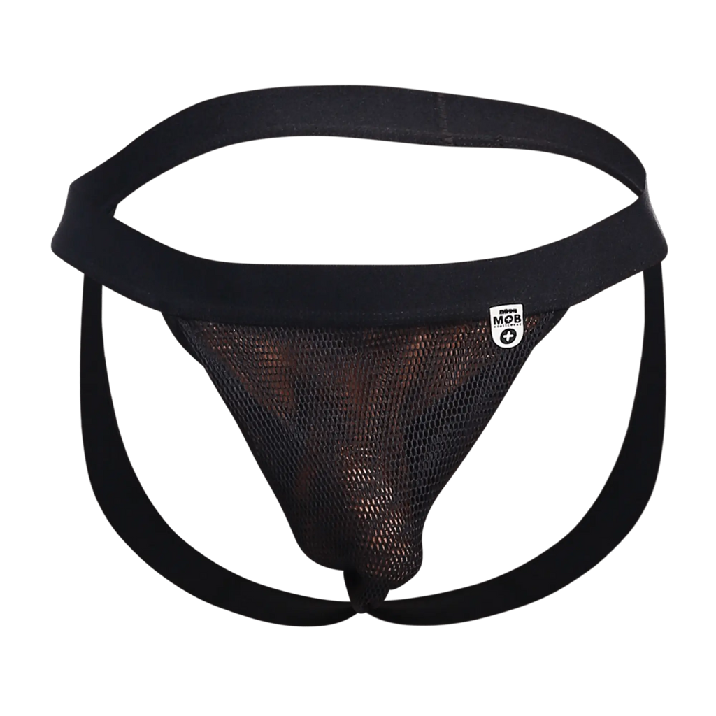 Black mesh briefs with solid waistband and leg straps featuring a white mob brand tag side view of mob fisherman jock