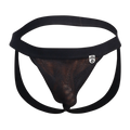 Black mesh briefs with solid waistband and leg straps featuring a white mob brand tag side view of mob fisherman jock