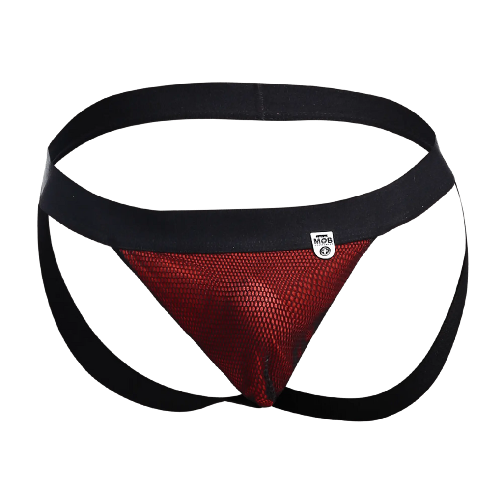 Black and red mesh athletic brief with black waistband and mob logo designed for support in the mob fisherman jock