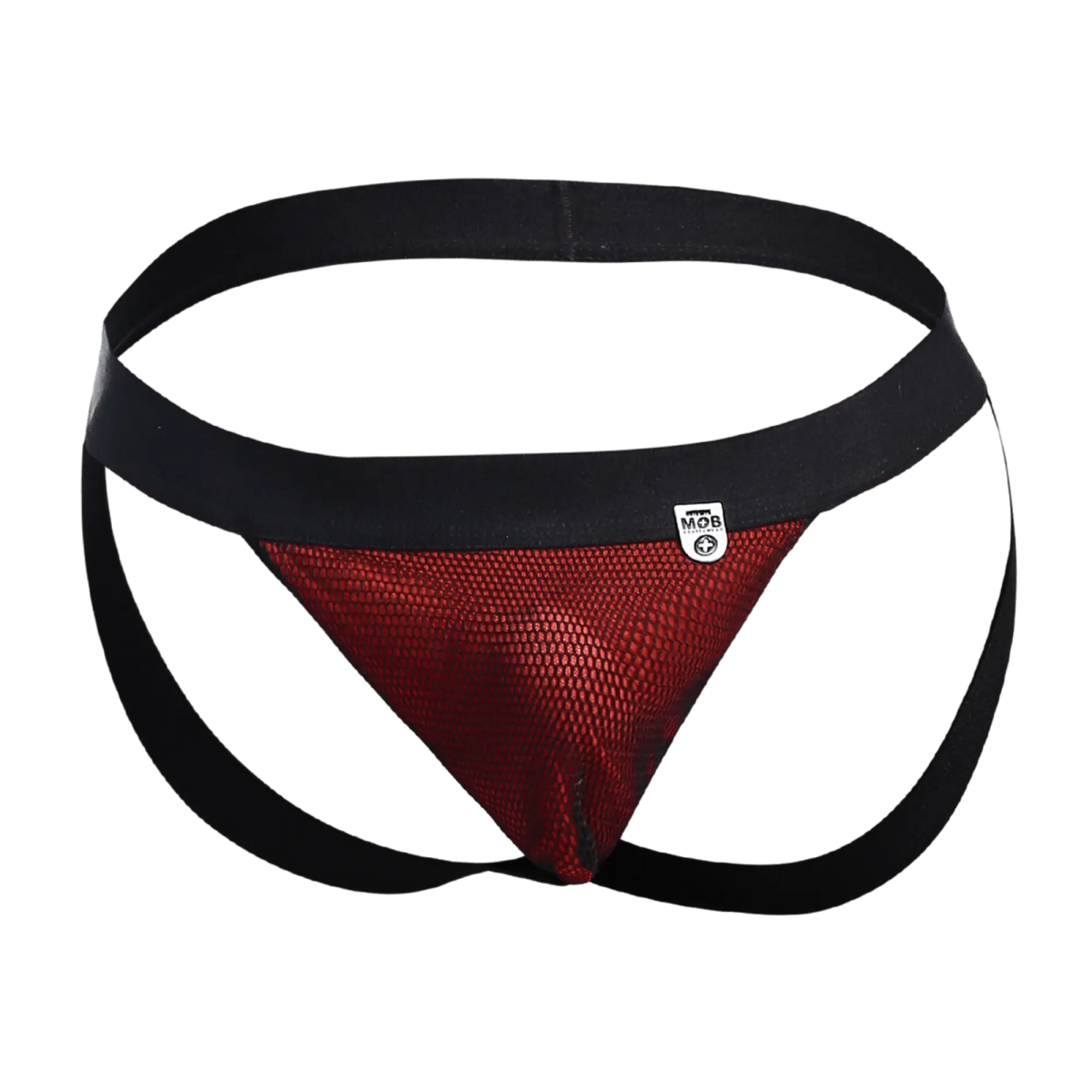 Black and red mesh athletic brief with black waistband featuring mob logo designed for active use in the mob fisherman jock